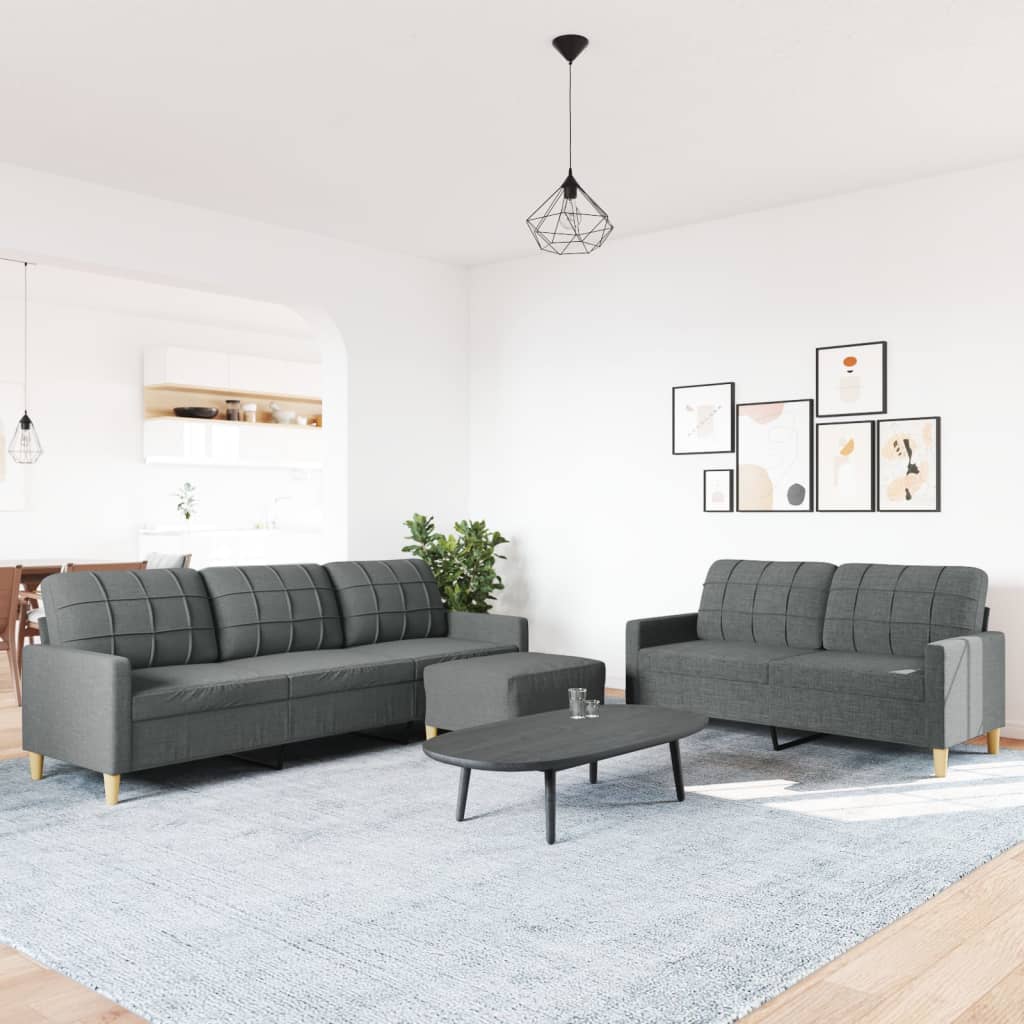 Set di Divani 3 pz con Poggiapiedi Grigio Scuro in Tessuto | homemem39