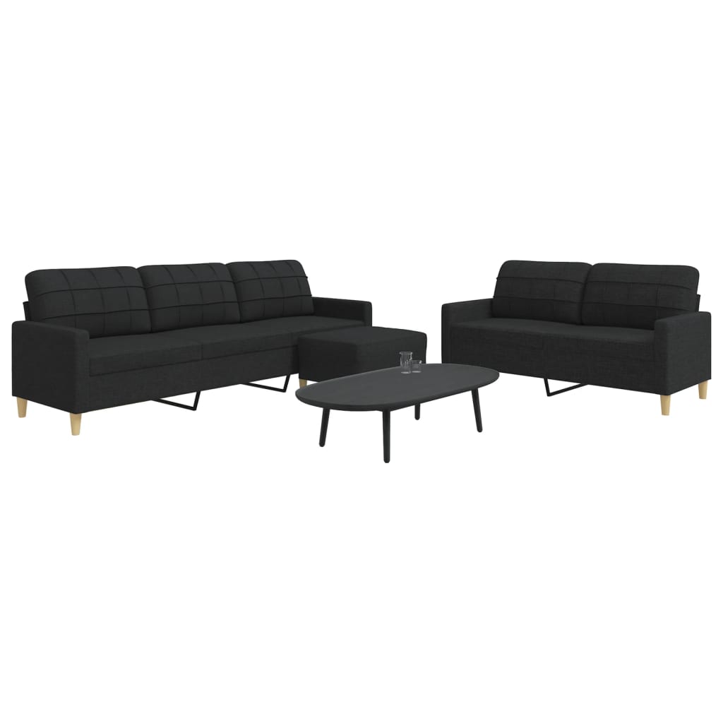 Set di Divani 3 pz con Poggiapiedi Nero in Tessuto