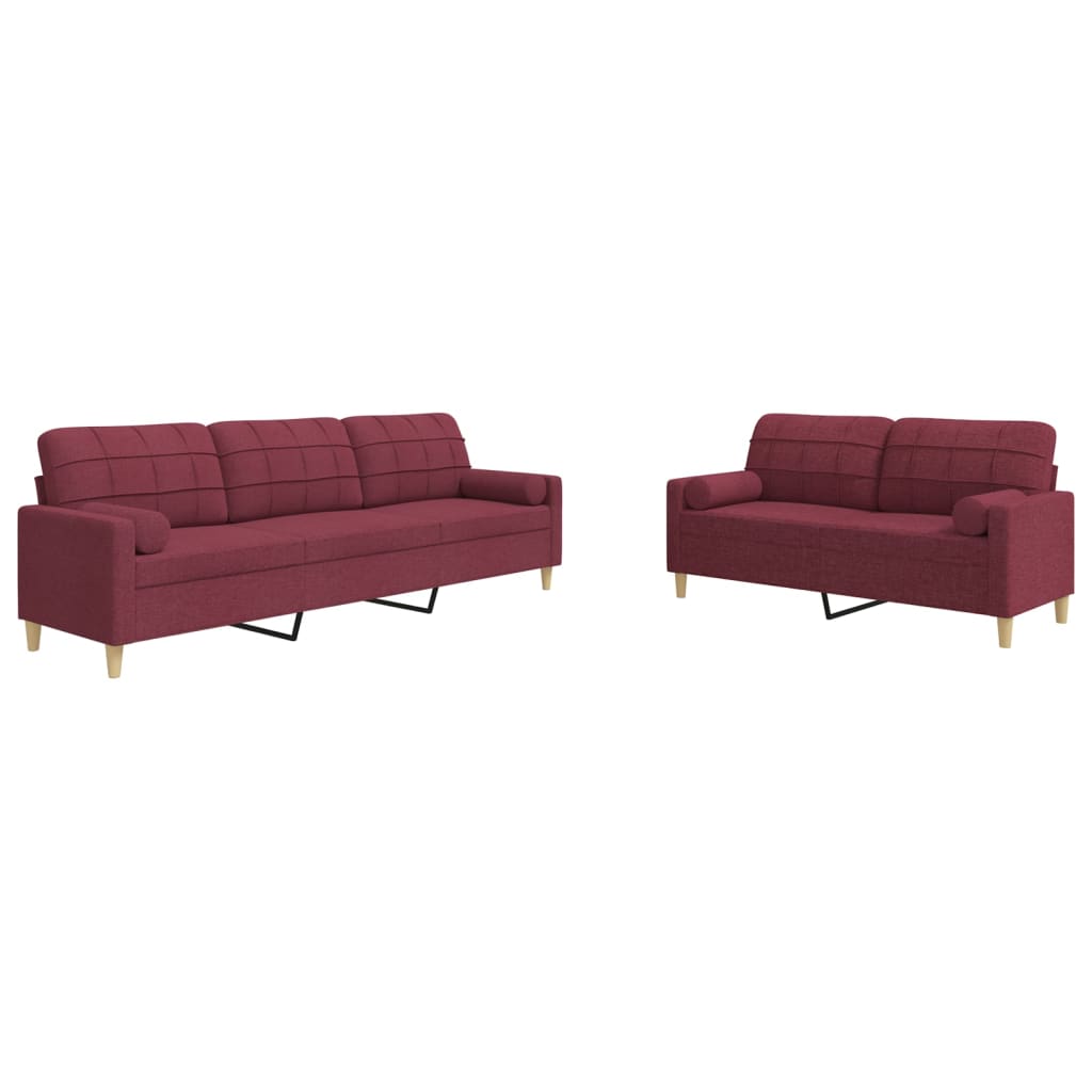 Set di Divani 2 pz con Cuscini Decorativi Rosso Vino in Tessuto