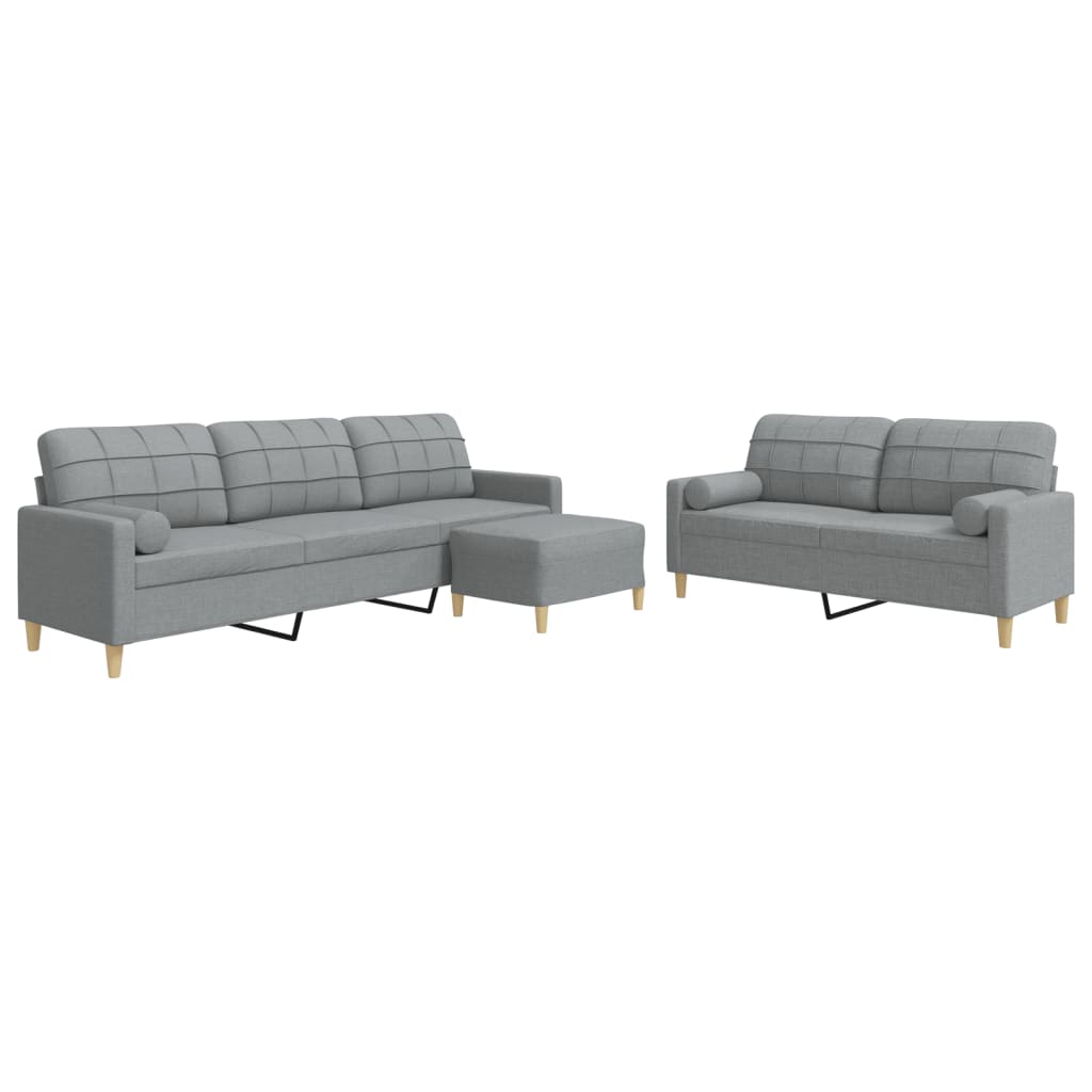 Set Divani 3 pz con Poggiapiedi e Cuscini Grigio Chiaro Tessuto | homemem39