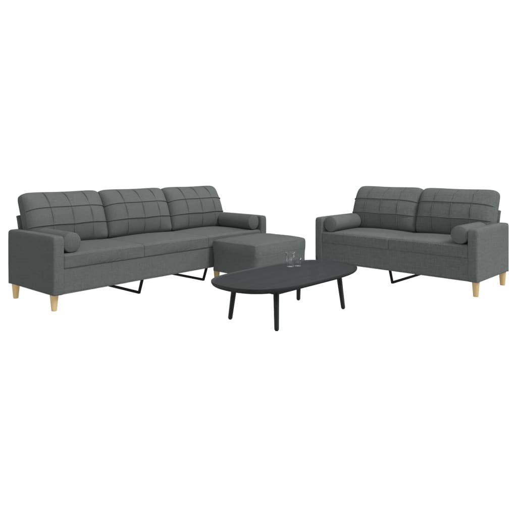 Set Divani 3 pz con Poggiapiedi e Cuscini Grigio Scuro Tessuto | homemem39