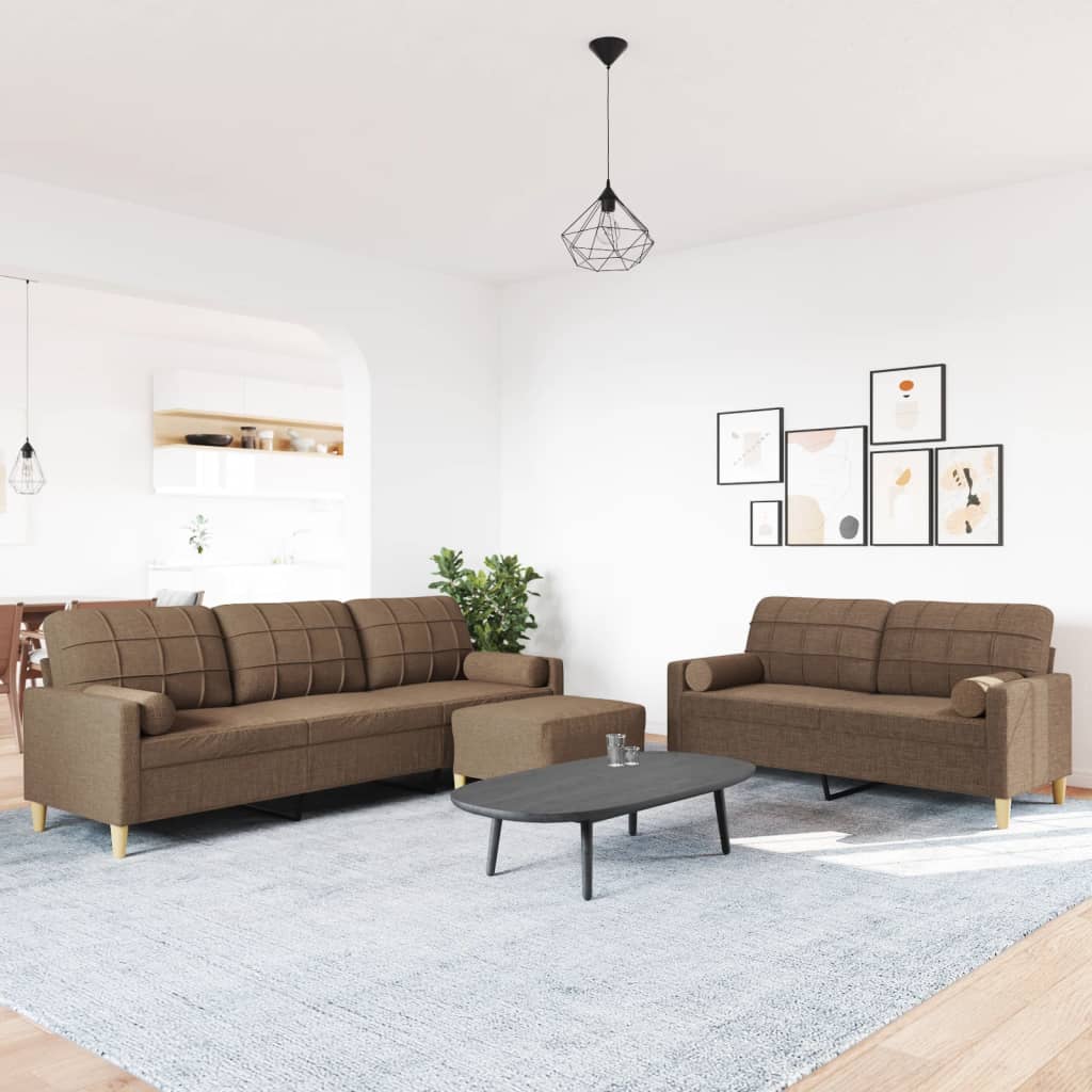 Set Divani 3 pz con Poggiapiedi e Cuscini Marrone Tessuto