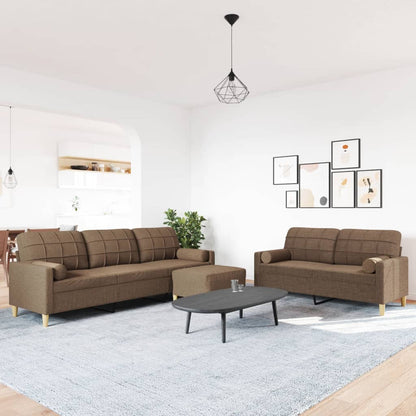 Set Divani 3 pz con Poggiapiedi e Cuscini Marrone Tessuto