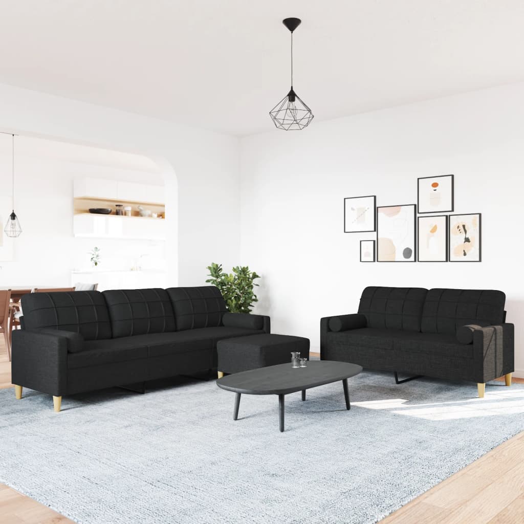 Set Divani 3 pz con Poggiapiedi e Cuscini Nero in Tessuto | homemem39