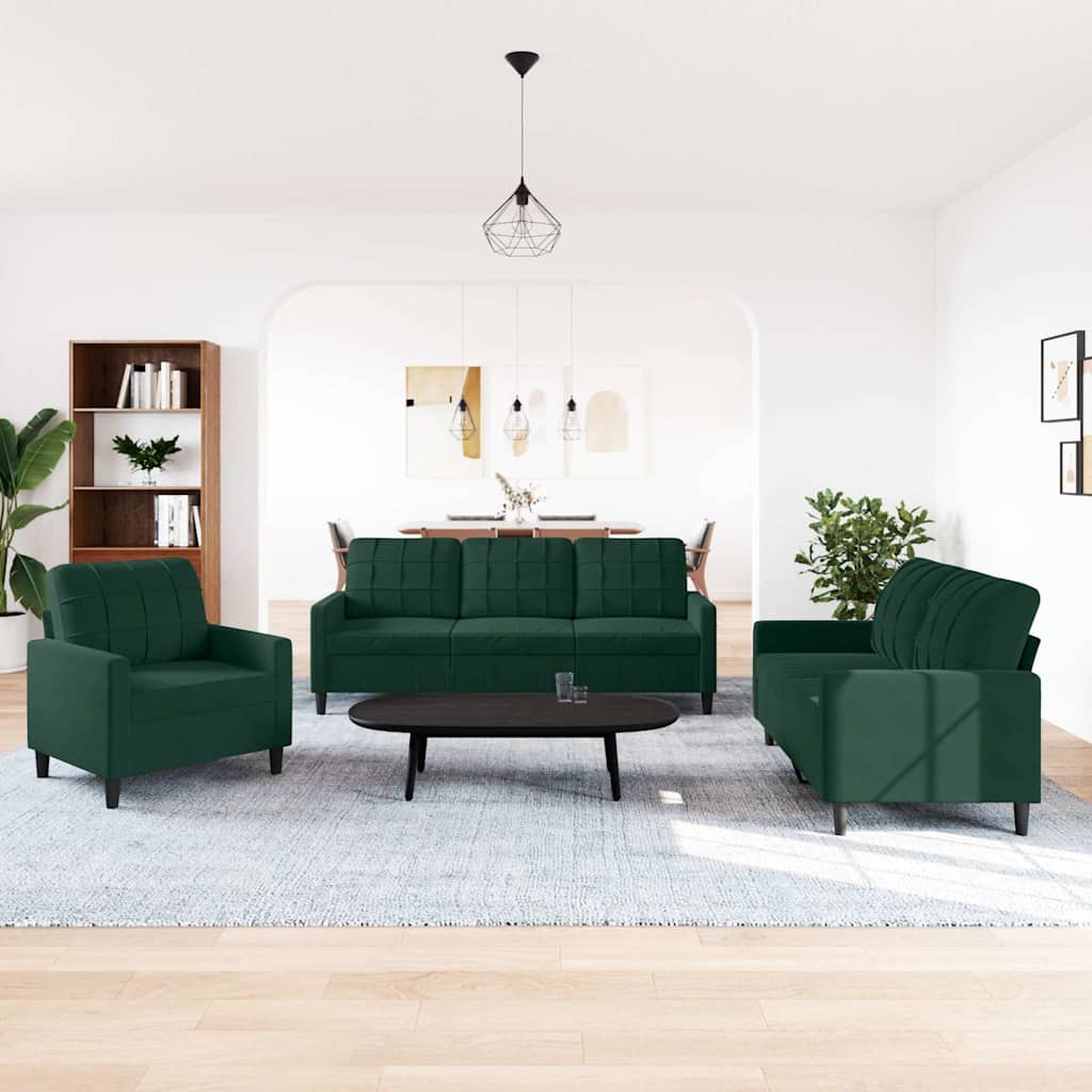 Set di Divani 3 pz con Cuscini Verde scuro in Velluto
