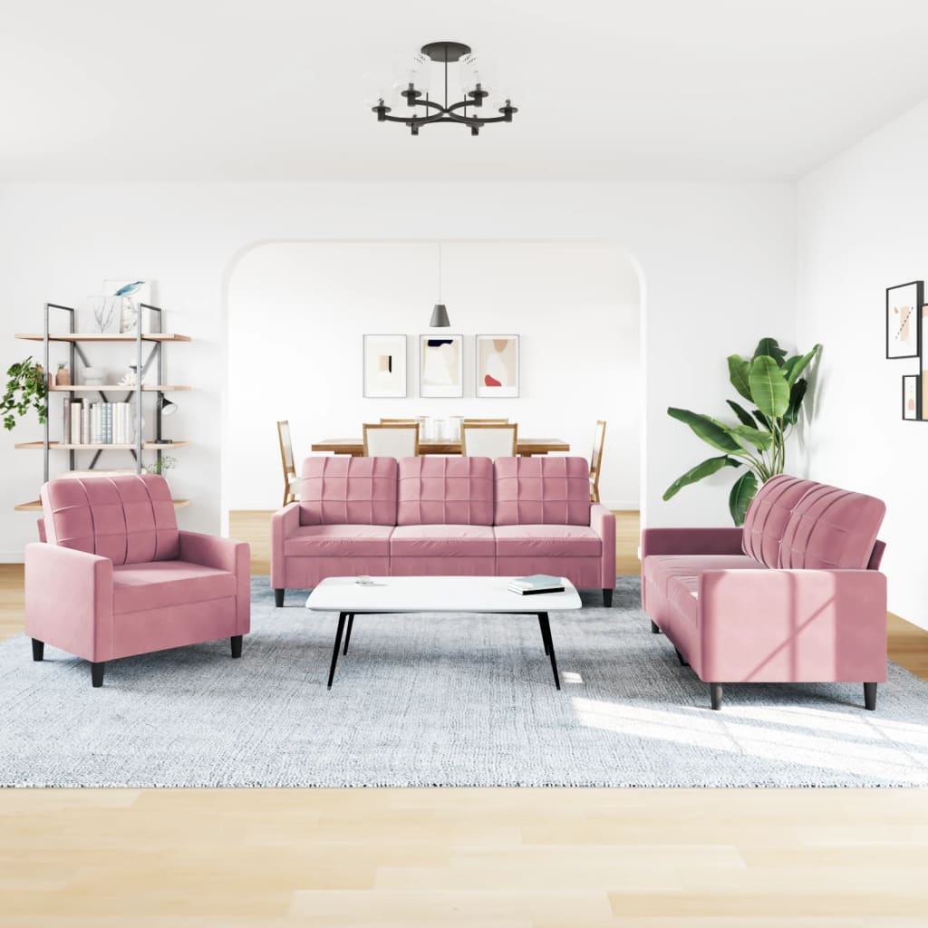 Set di Divani 3 pz con Cuscini rosa in Velluto | homemem39