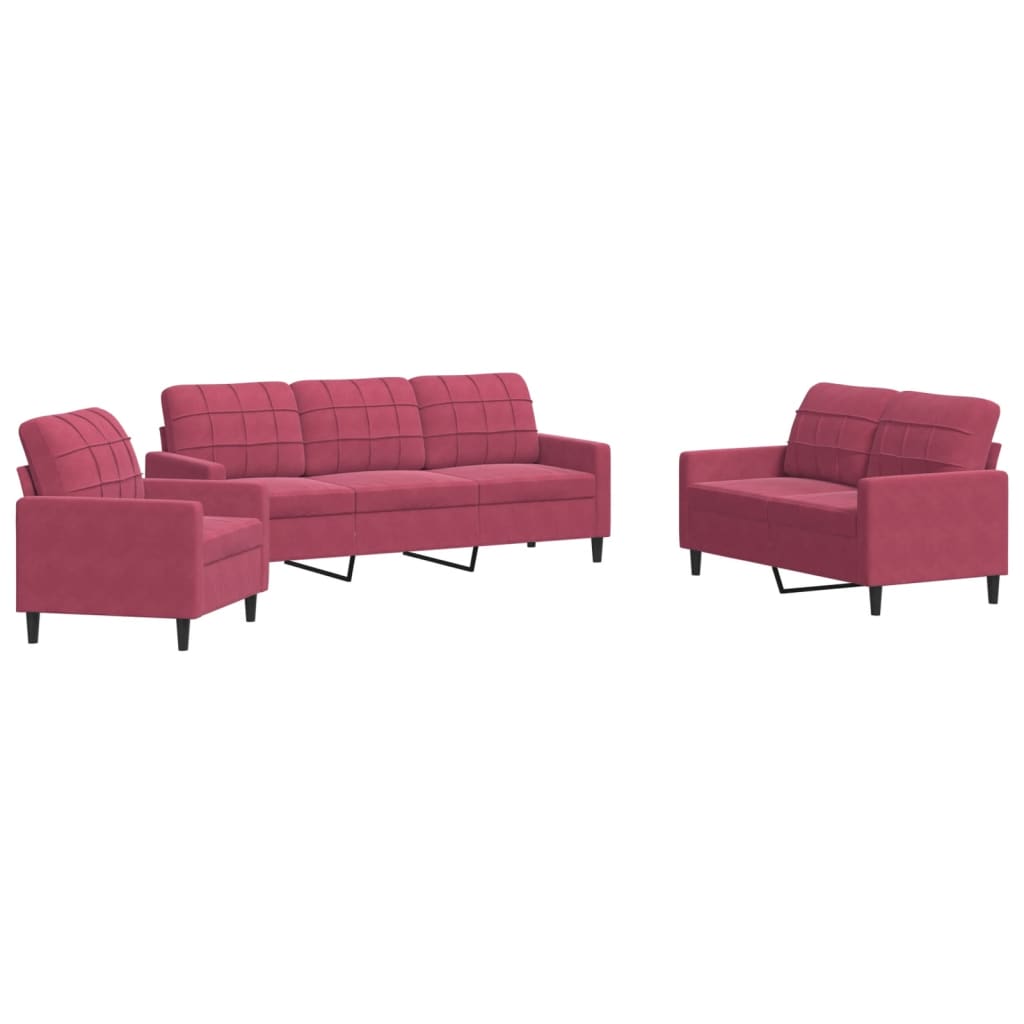 Set di Divani 3 pz con Cuscini Rosso Vino in Velluto | homemem39