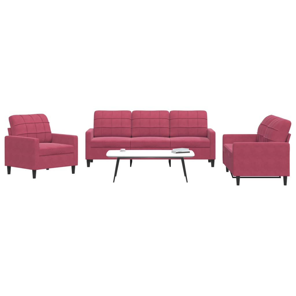 Set di Divani 3 pz con Cuscini Rosso Vino in Velluto - homemem39