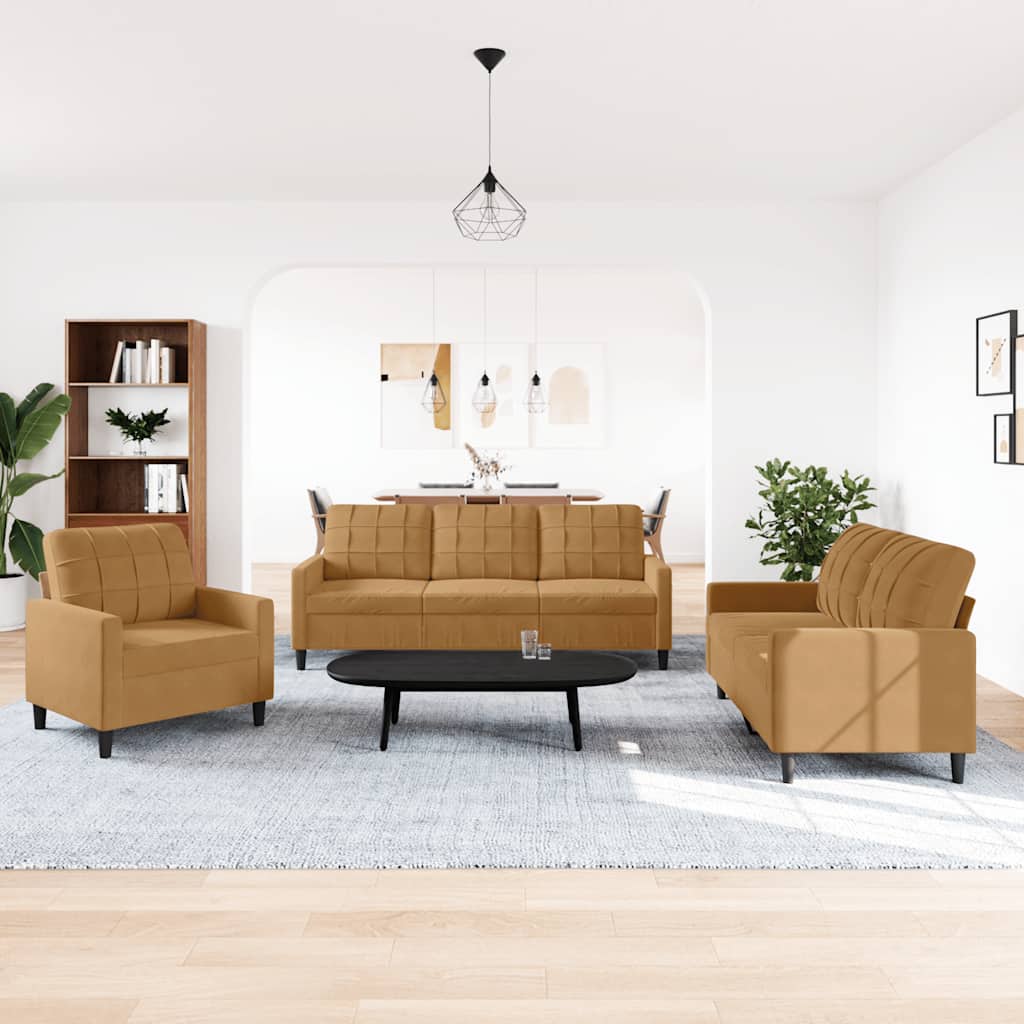 Set di Divani 3 pz con Cuscini Marrone in Velluto