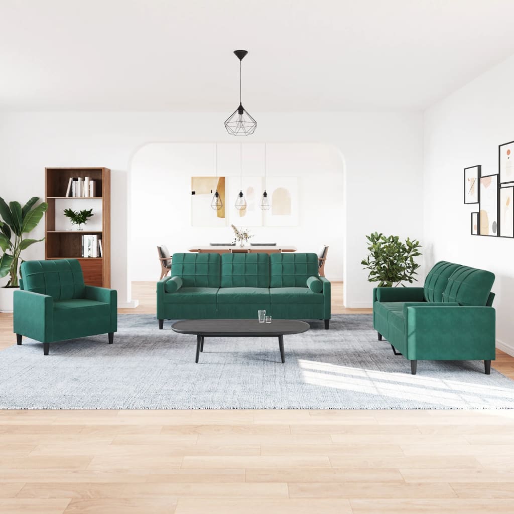 Set di Divani 3 pz con Cuscini e Rinforzi Verde scuro Velluto | homemem39
