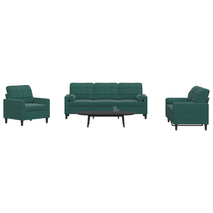 Set di Divani 3 pz con Cuscini e Rinforzi Verde scuro Velluto | homemem39