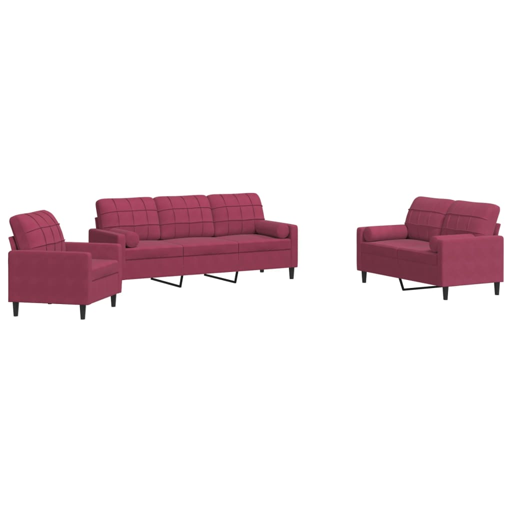 Set di Divani 3 pz con Cuscini e Rinforzi Rosso Vino in Velluto | homemem39
