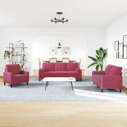 Set di Divani 3 pz con Cuscini e Rinforzi Rosso Vino in Velluto | homemem39