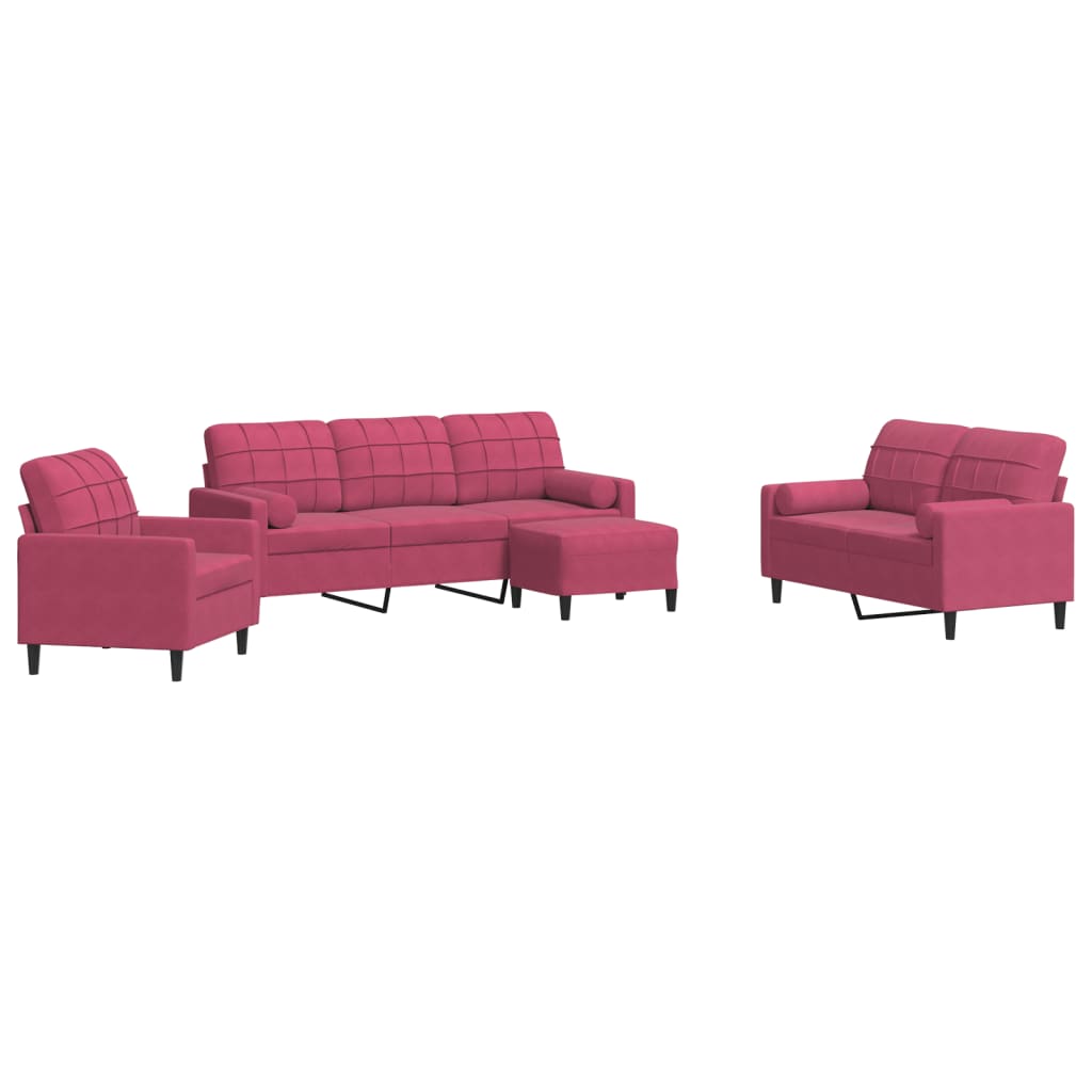 Set di Divani 4 pz con Cuscini e Rinforzi Rosso Vino in Velluto | homemem39