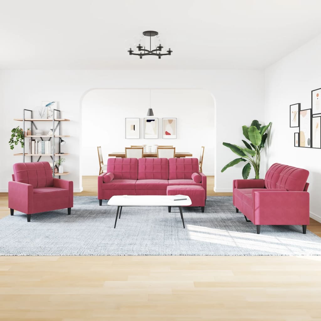 Set di Divani 4 pz con Cuscini e Rinforzi Rosso Vino in Velluto | homemem39