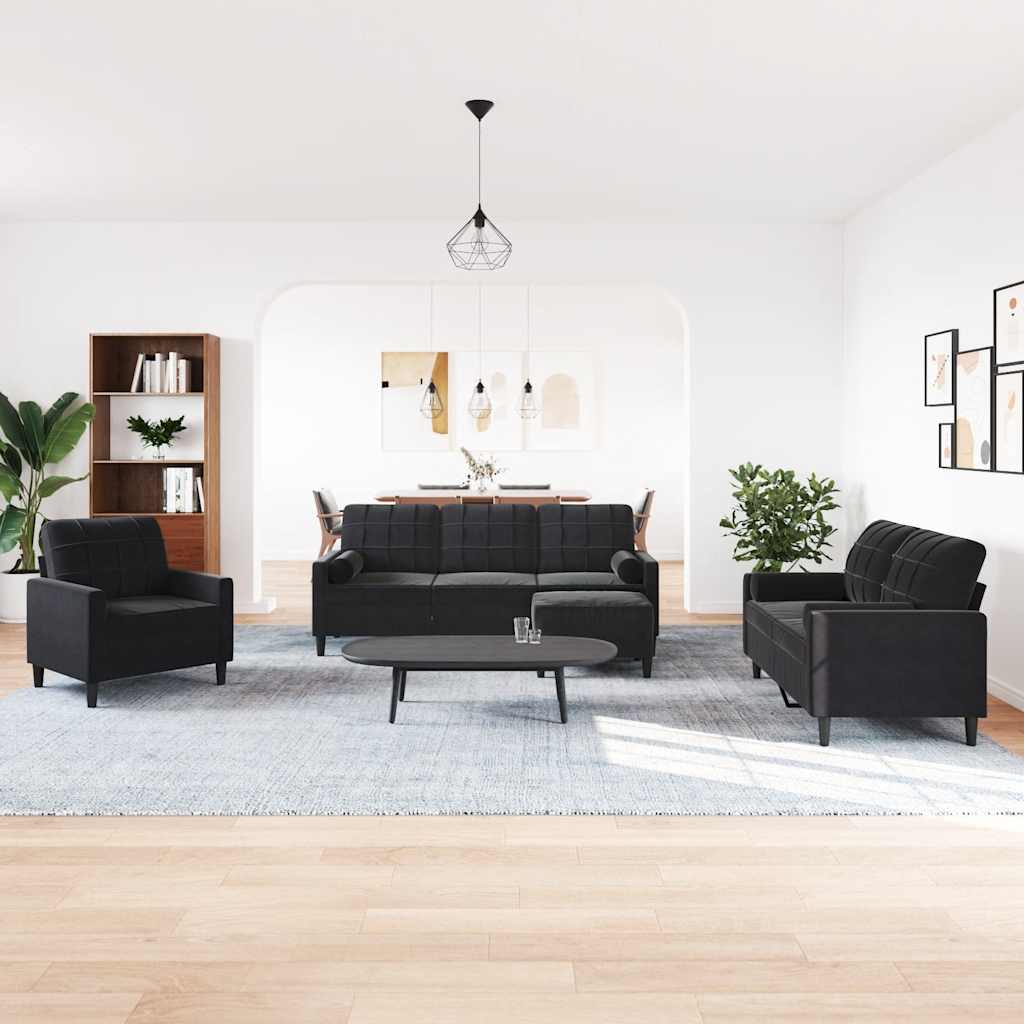 Set di Divani 4 pz con Cuscini e Rinforzi Nero in Velluto | homemem39