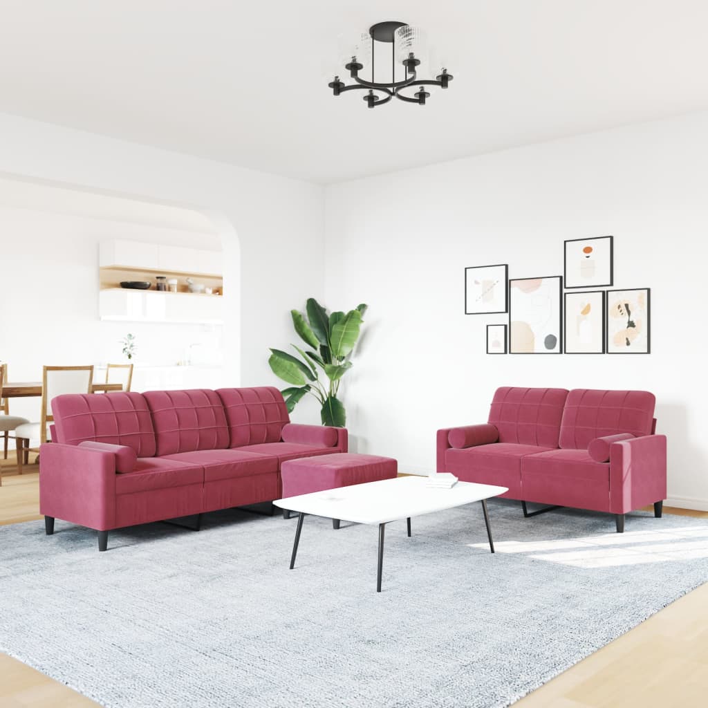 Set di Divani 3 pz con Cuscini e Rinforzi Rosso Vino in Velluto | homemem39