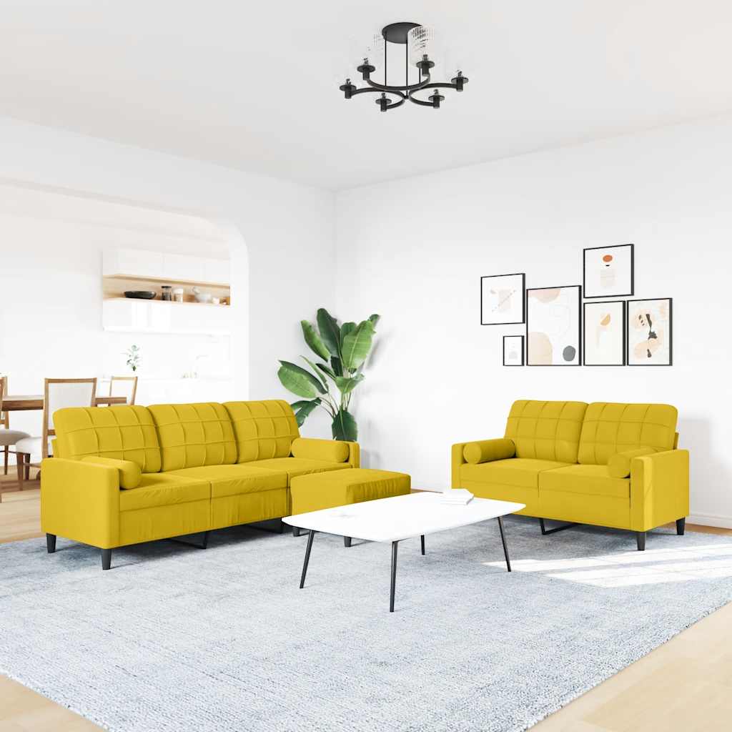 Set di Divani 3 pz con Cuscini e Rinforzi Giallo in Velluto