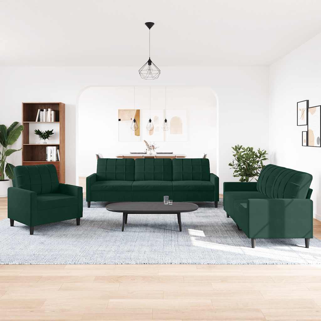 Set di Divani 3 pz con Cuscini Verde scuro in Velluto