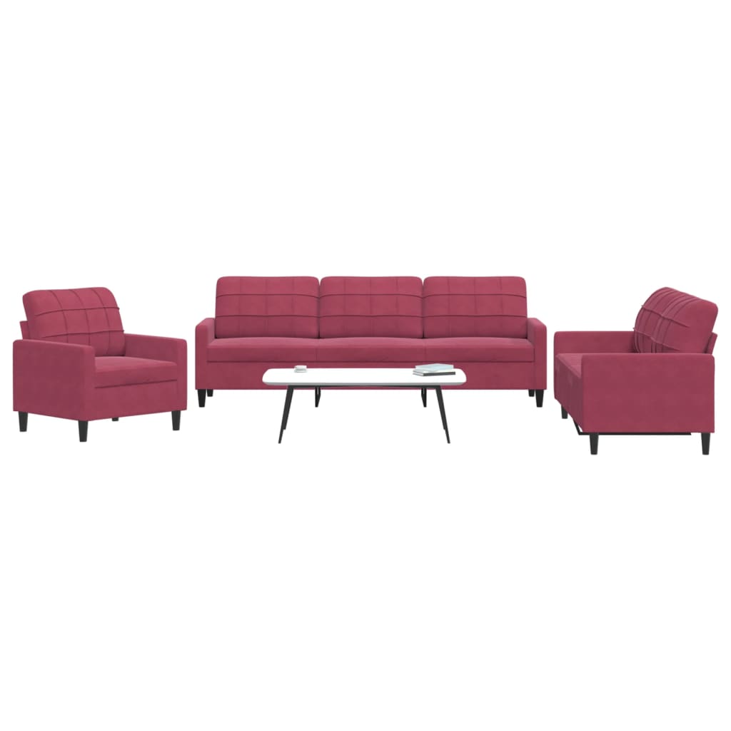 Set di Divani 3 pz con Cuscini Rosso Vino in Velluto | homemem39