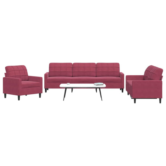 Set di Divani 3 pz con Cuscini Rosso Vino in Velluto | homemem39