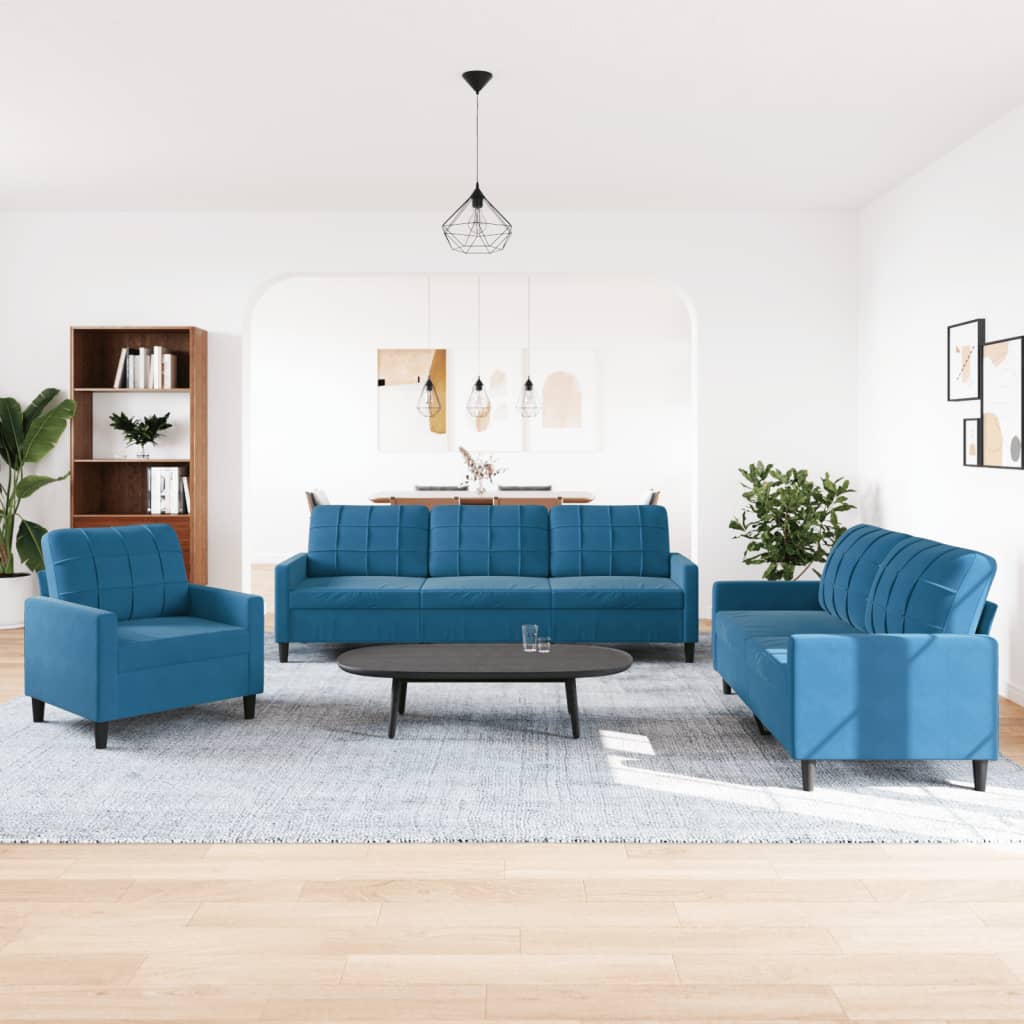 Set di Divani 3 pz con Cuscini Blu in Velluto - homemem39