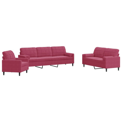 Set di Divani 3 pz con Cuscini e Rinforzi Rosso Vino in Velluto - homemem39