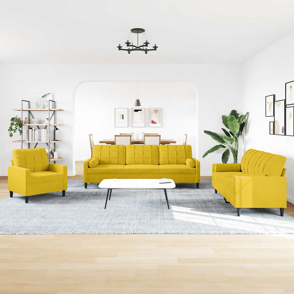 Set di Divani 3 pz con Cuscini e Rinforzi Giallo in Velluto | homemem39