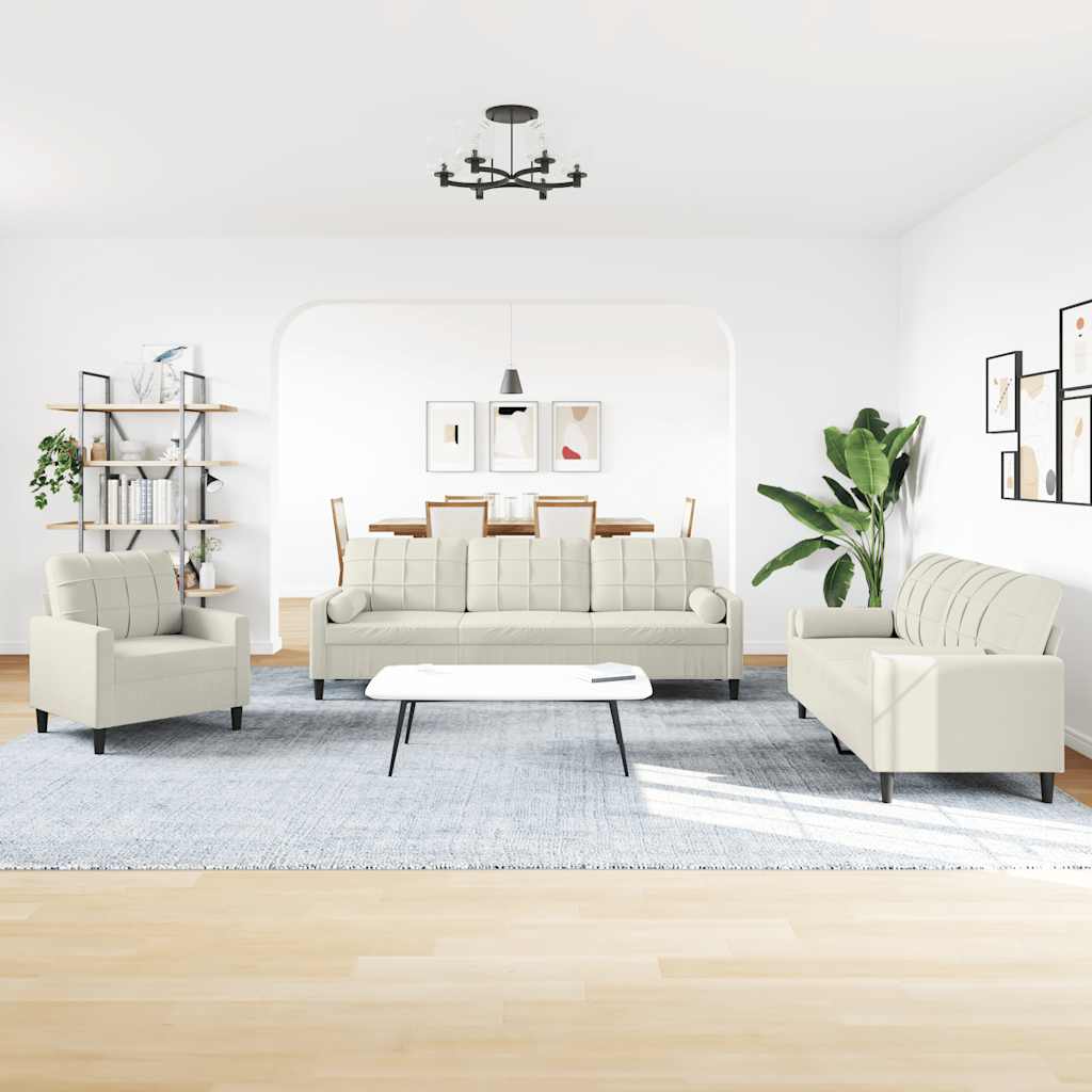 Set di Divani 3 pz con Cuscini e Rinforzi Crema in Velluto