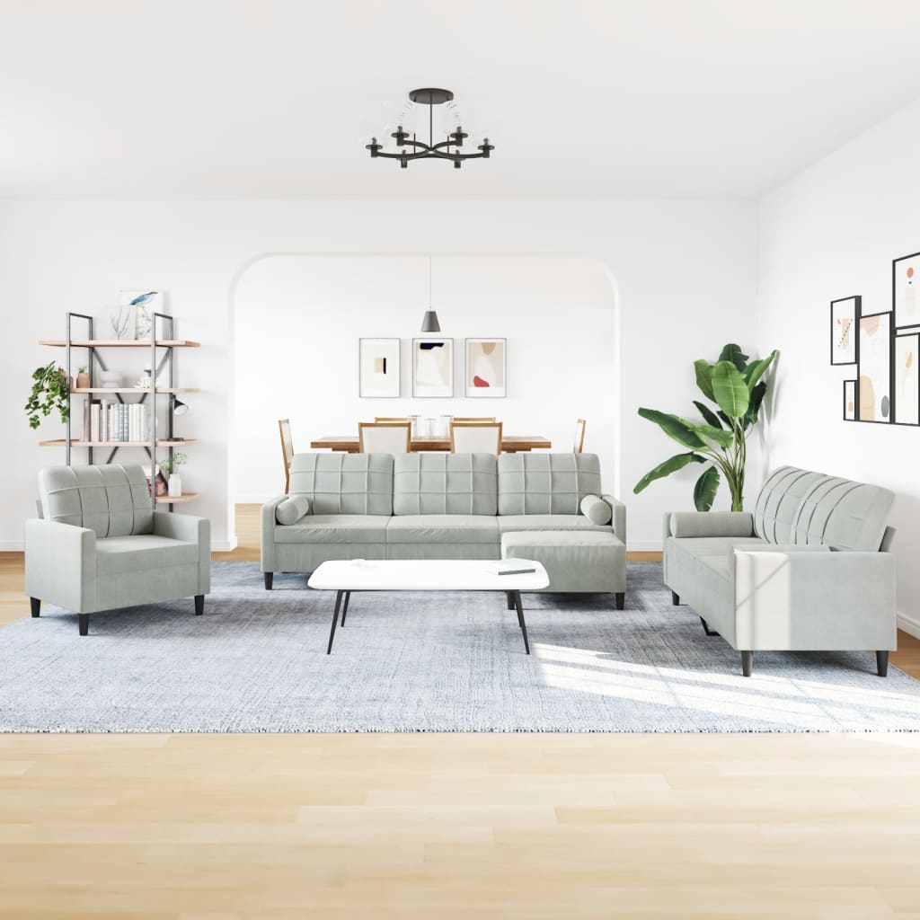 Set di Divani 4 pz con Cuscini e Rinforzi Grigio Chiaro Velluto | homemem39