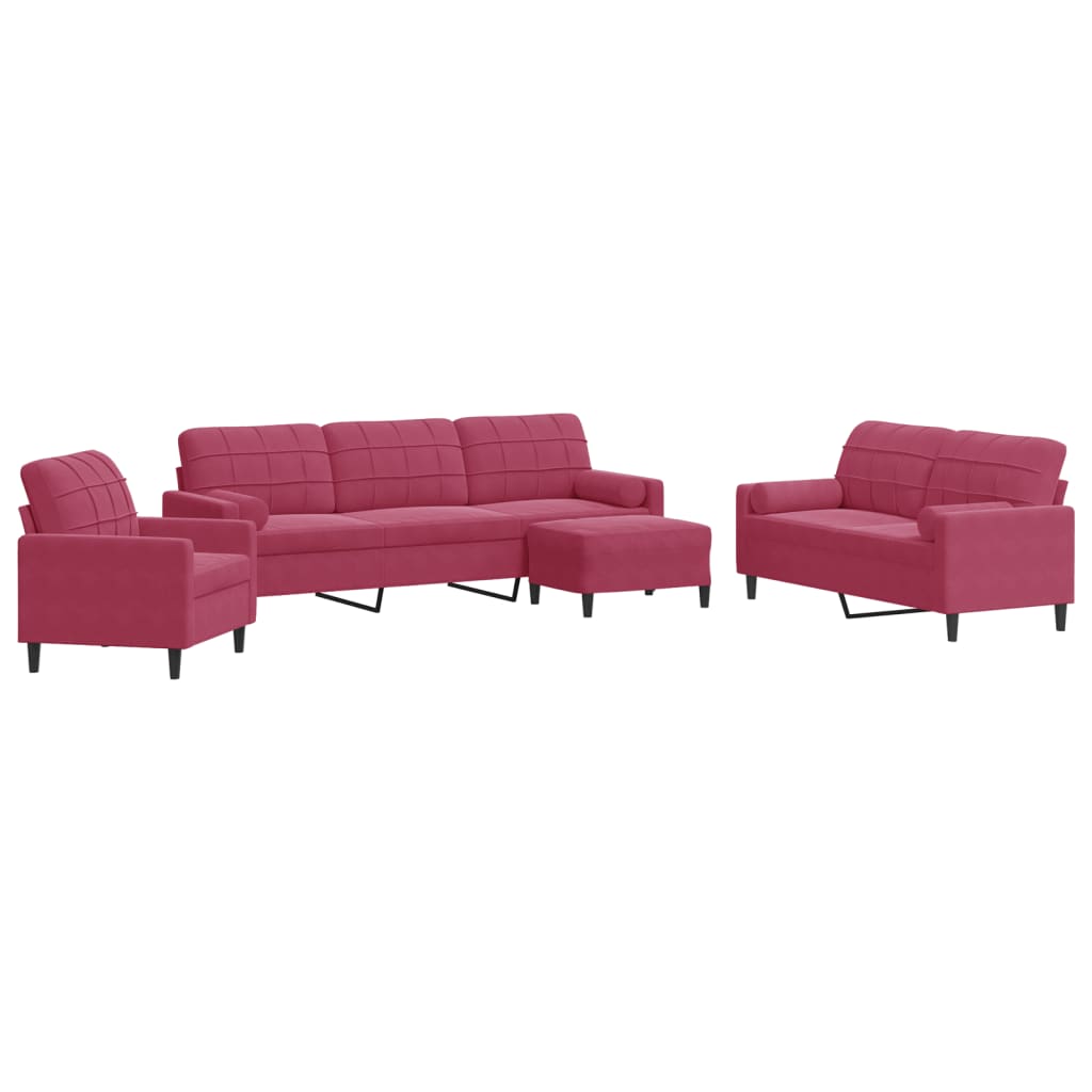 Set di Divani 4 pz con Cuscini e Rinforzi Rosso Vino in Velluto | homemem39