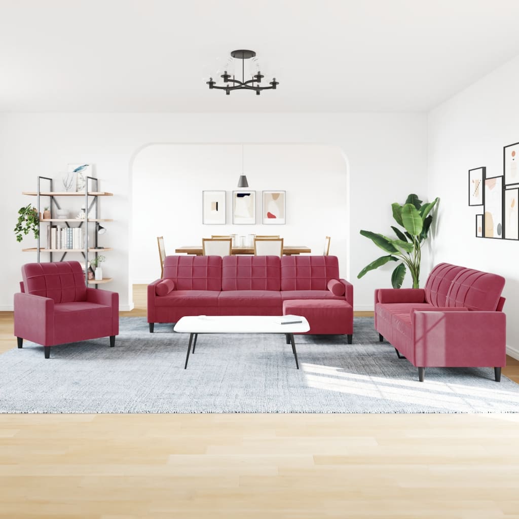 Set di Divani 4 pz con Cuscini e Rinforzi Rosso Vino in Velluto | homemem39