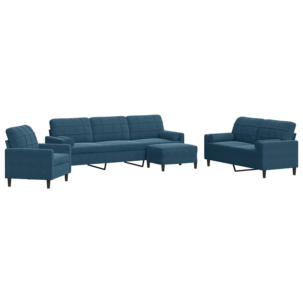 Set di Divani 4 pz con Cuscini e Rinforzi Blu in Velluto | homemem39