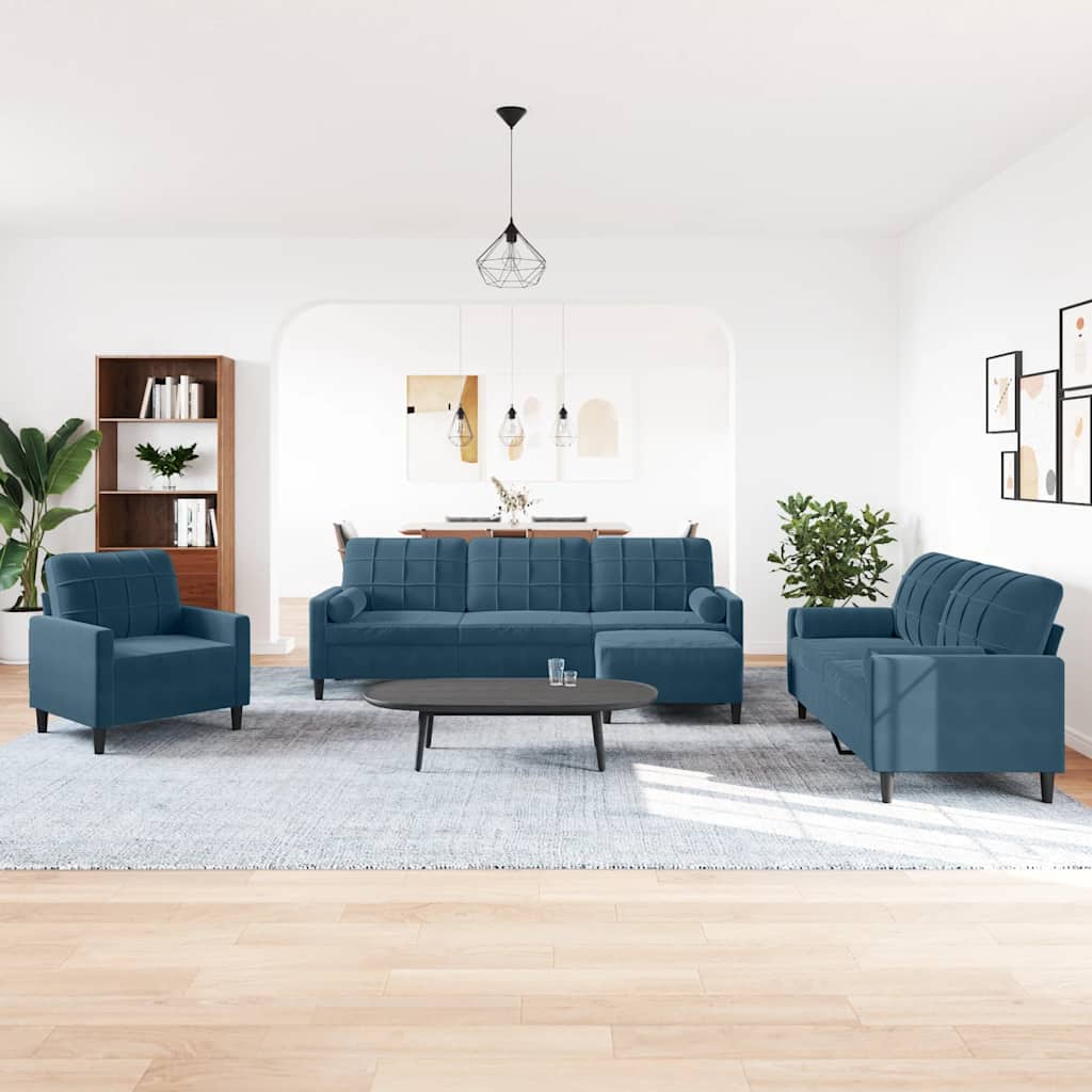Set di Divani 4 pz con Cuscini e Rinforzi Blu in Velluto | homemem39
