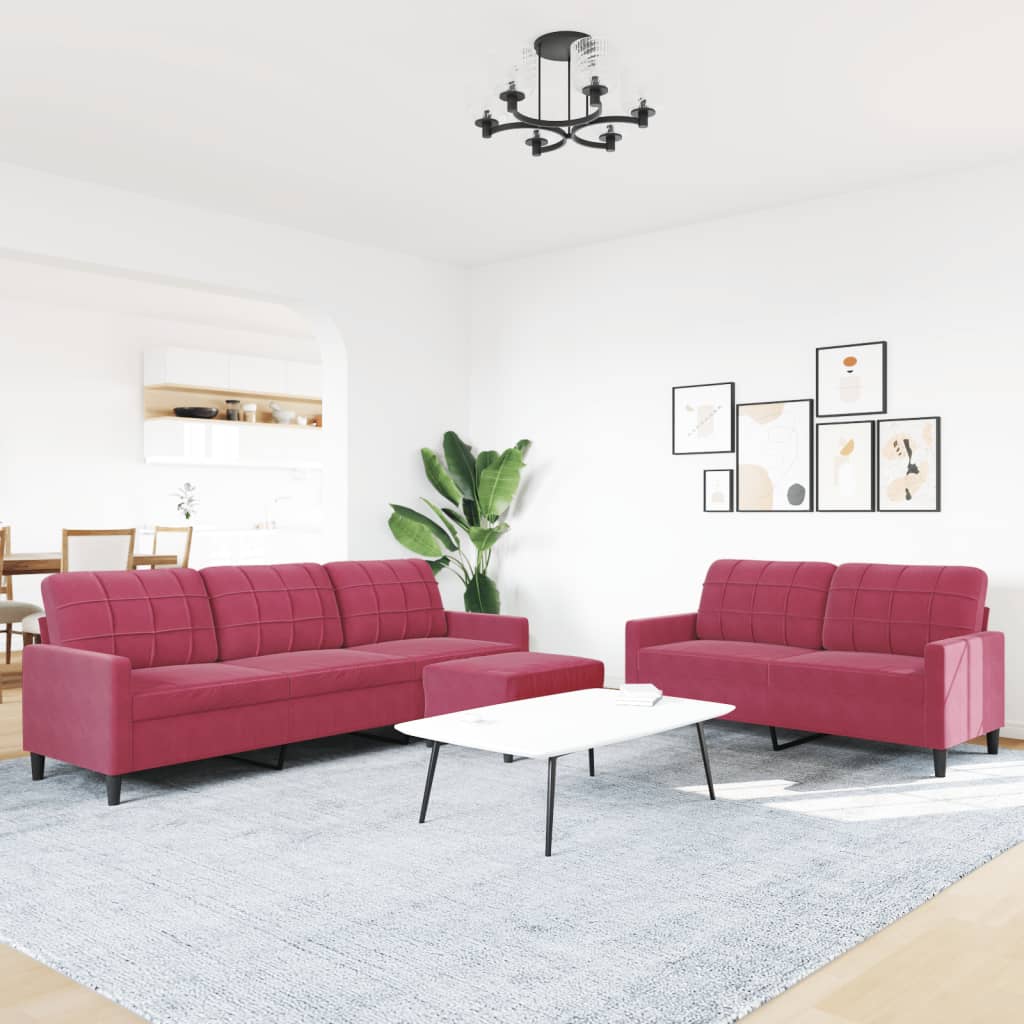 Set di Divani 3 pz con Cuscini Rosso Vino in Velluto | homemem39