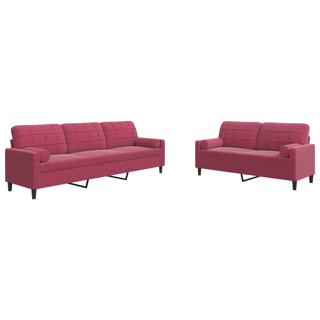 Set di Divani 2 pz con Cuscini e Rinforzi Rosso Vino in Velluto | homemem39