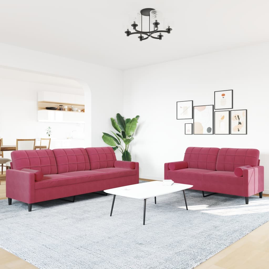 Set di Divani 2 pz con Cuscini e Rinforzi Rosso Vino in Velluto | homemem39