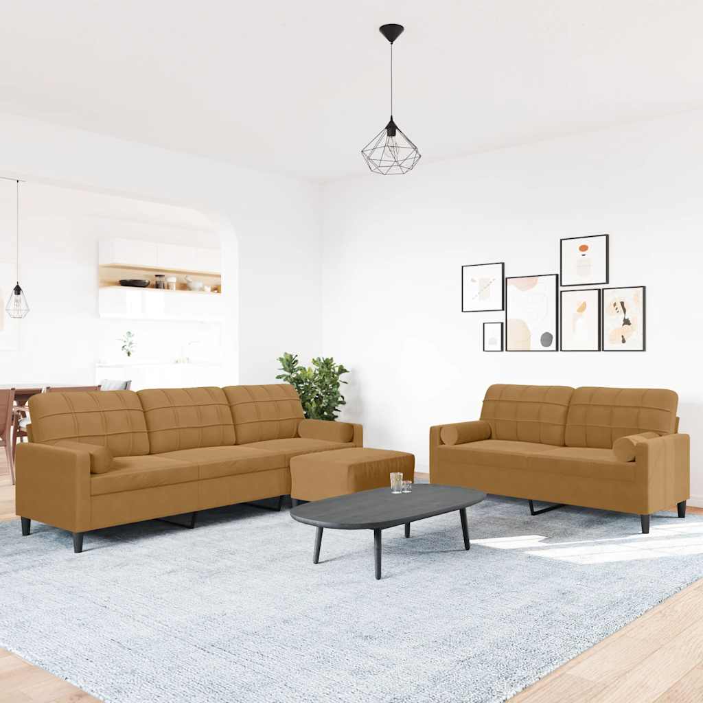 Set di Divani 3 pz con Cuscini e Rinforzi Marrone in Velluto | homemem39
