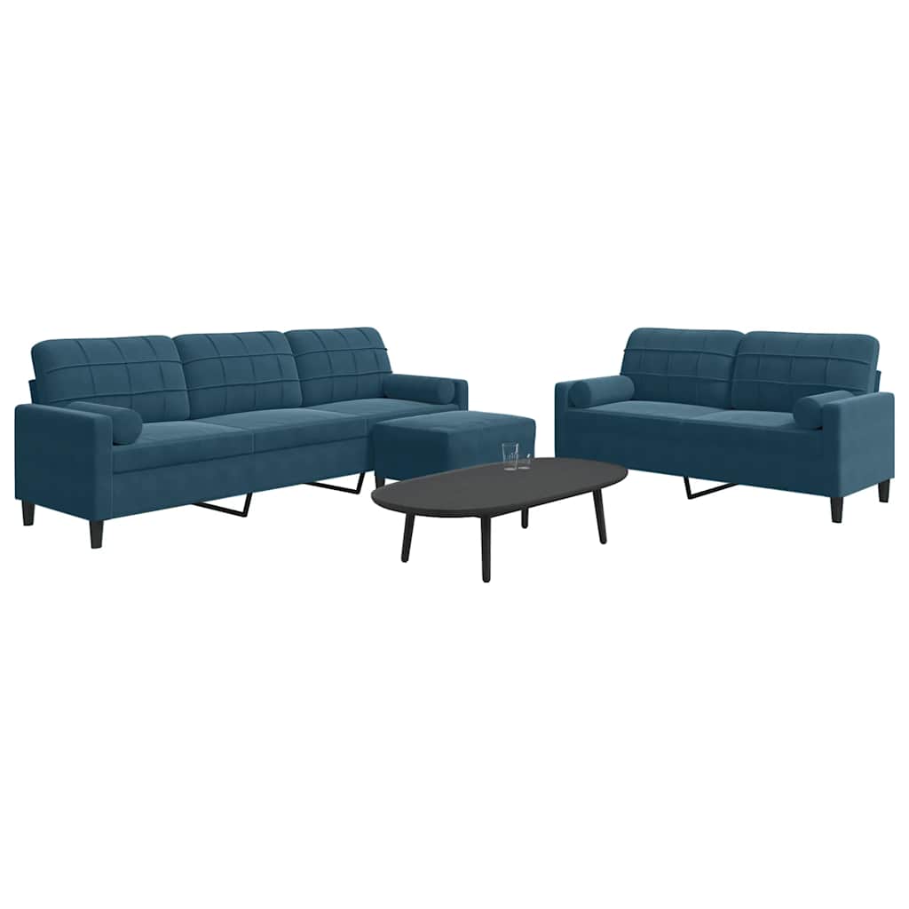 Set di Divani 3 pz con Cuscini e Rinforzi Blu in Velluto | homemem39