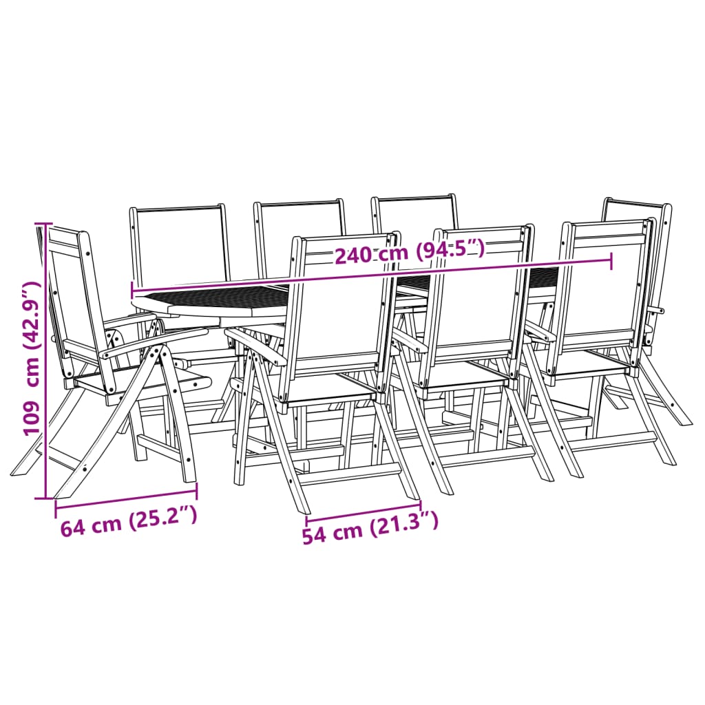 Set Pranzo da Giardino 9pz Legno Massello di Acacia e Textilene