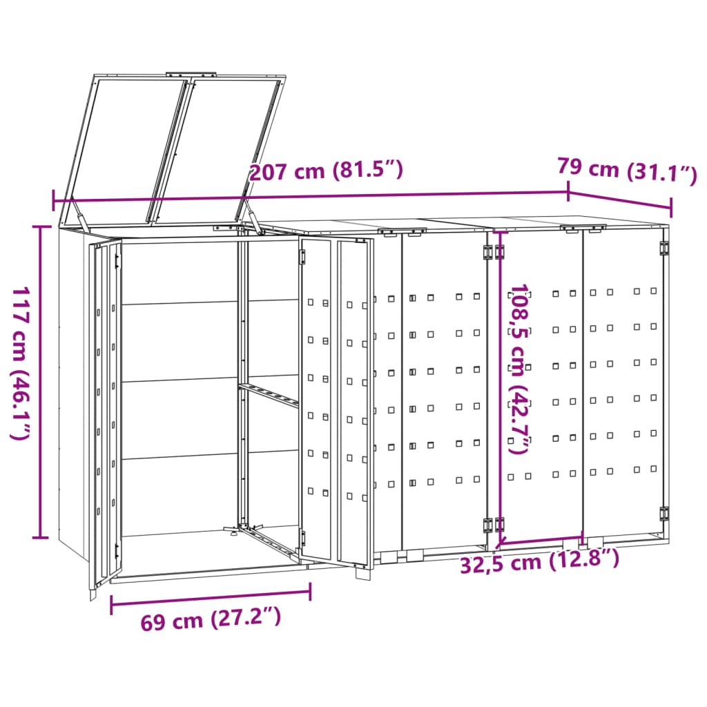 Copribidone con Ruote per 3 Bidoni Nera 207x79x117cm in Acciaio