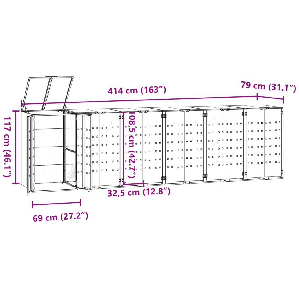 Copribidone con Ruote per 6 Bidoni Nera 414x79x117cm in Acciaio