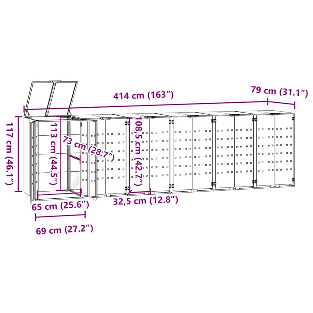 Copribidone con Ruote per 6 Bidoni Nera 414x79x117cm in Acciaio - homemem39