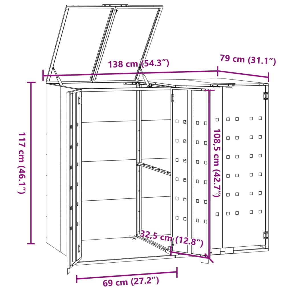 Copribidone con Ruote 2 Bidoni Antracite 138x79x117cm Acciaio