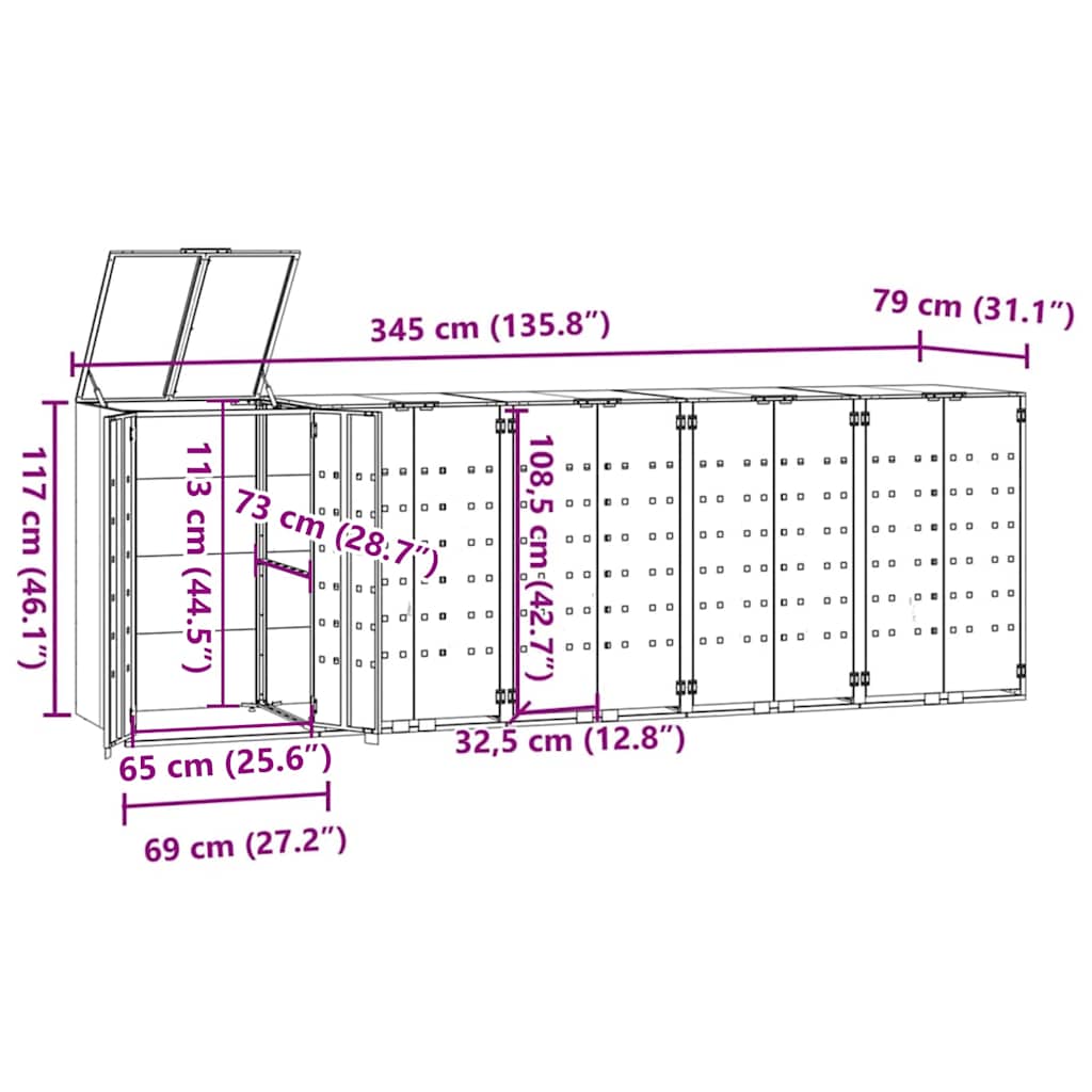 Copribidone con Ruote 5 Bidoni Antracite 345x79x117cm Acciaio - homemem39