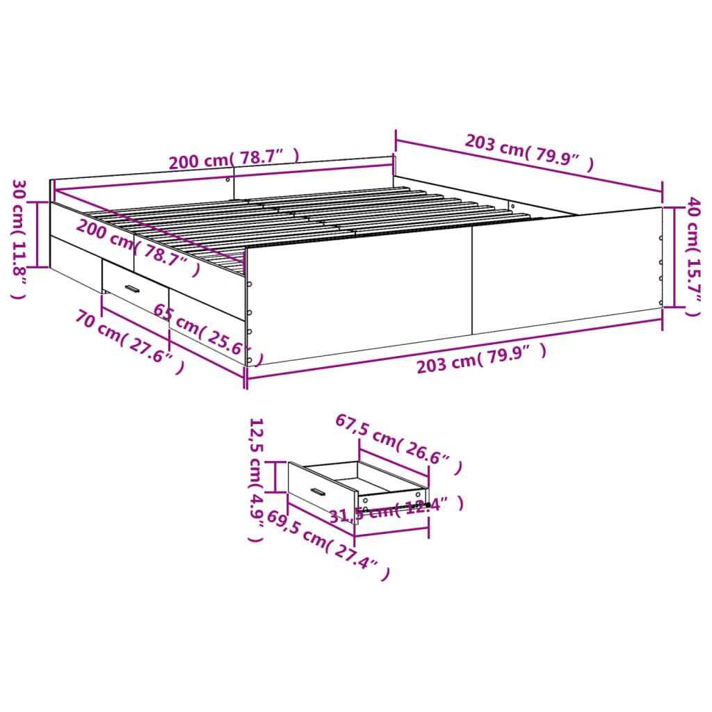 Giroletto con Cassetti Bianco 200x200 cm in Legno Multistrato | homemem39