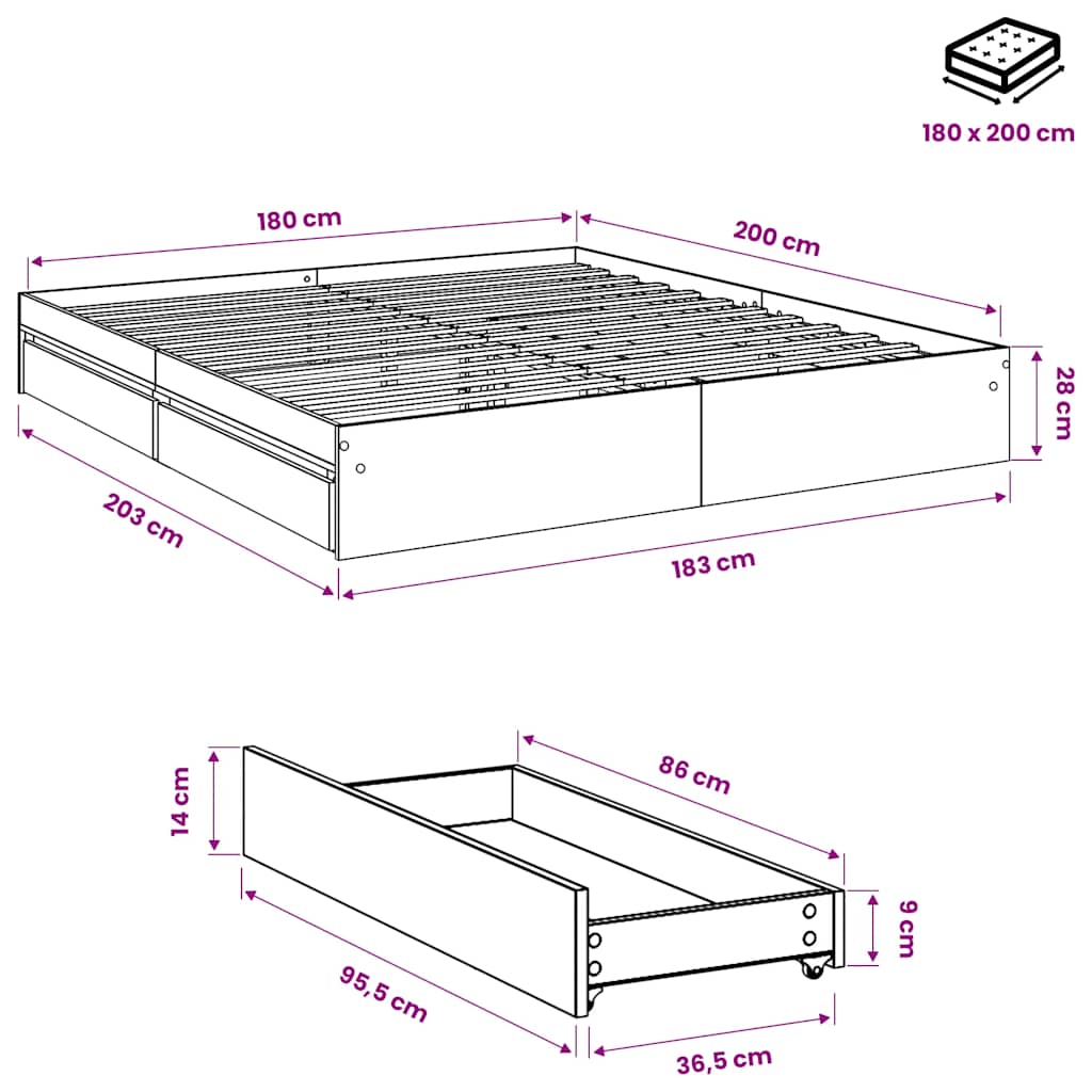 Giroletto Cassetti Rovere Sonoma 180x200 cm Legno Multistrato