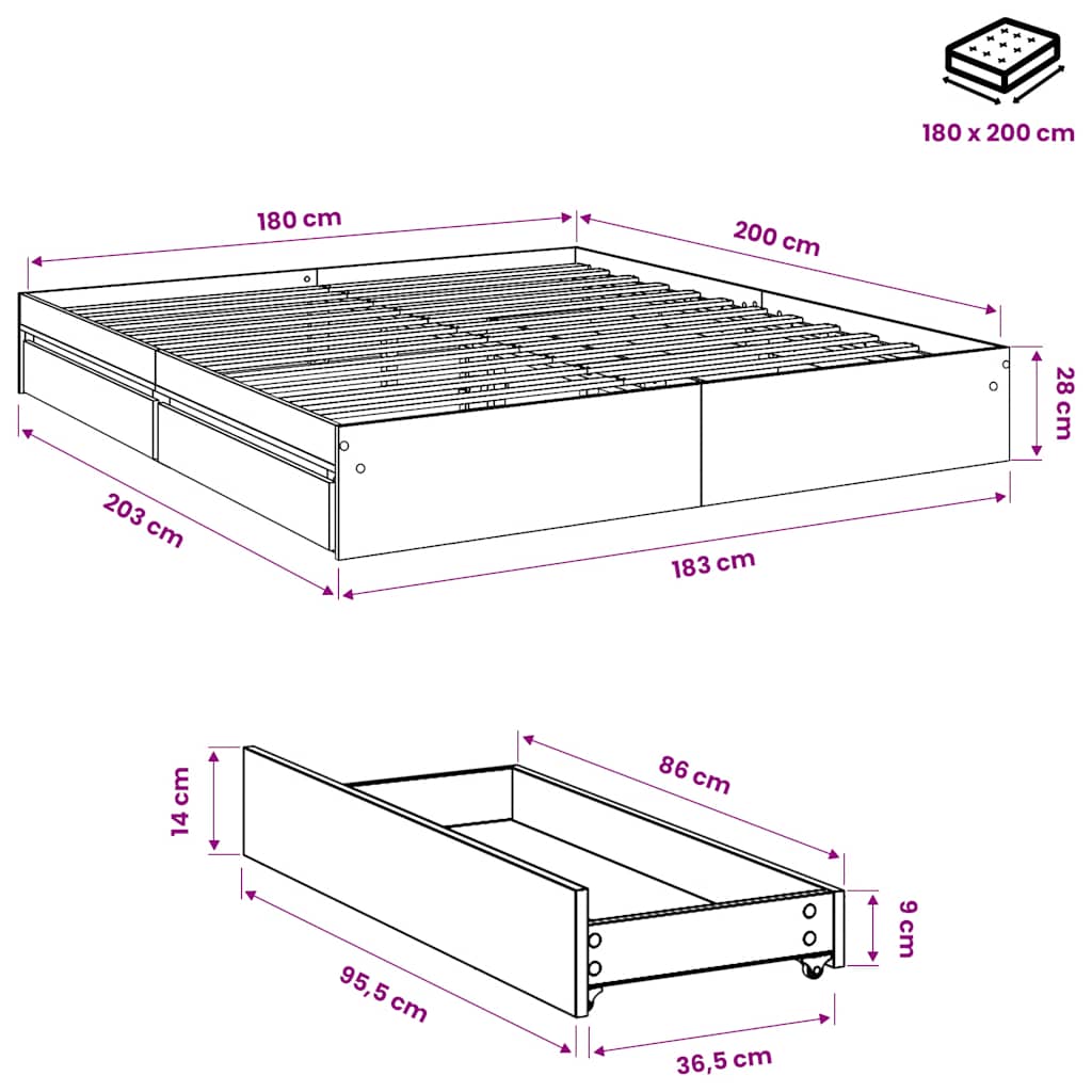 Giroletto Cassetti Grigio Sonoma 180x200 cm Legno Multistrato