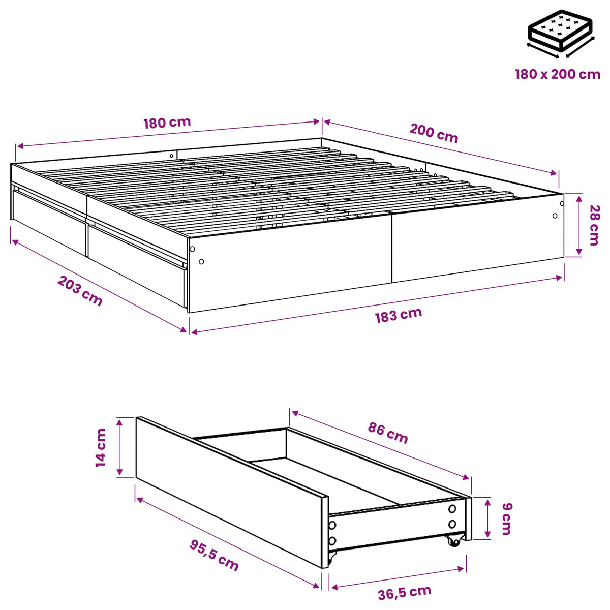 Giroletto Cassetti Grigio Sonoma 180x200 cm Legno Multistrato