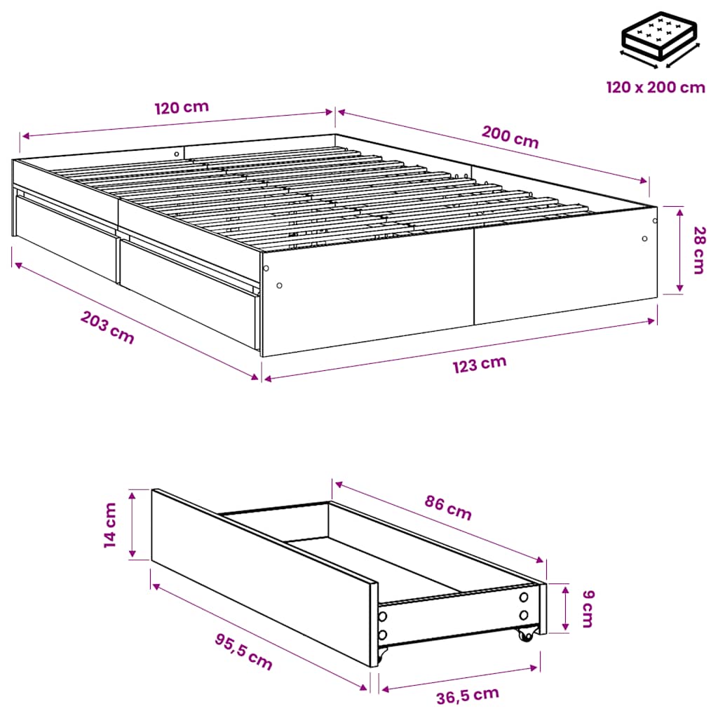 Giroletto Cassetti Grigio Sonoma 120x200 cm Legno Multistrato